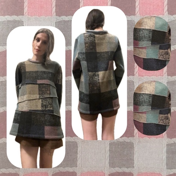🏷️ talk of the walk • multicolor patchwork rolled mock neck tunic sweater - Picture 5 of 16